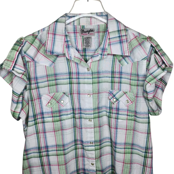 Wrangler Wrancher Western Plaid Pearl Snap Short Sleeve Shirt Size XL - Picture 2 of 5
